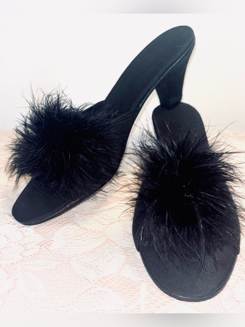 Black Feather Slide Heels - Women's Dress Mules